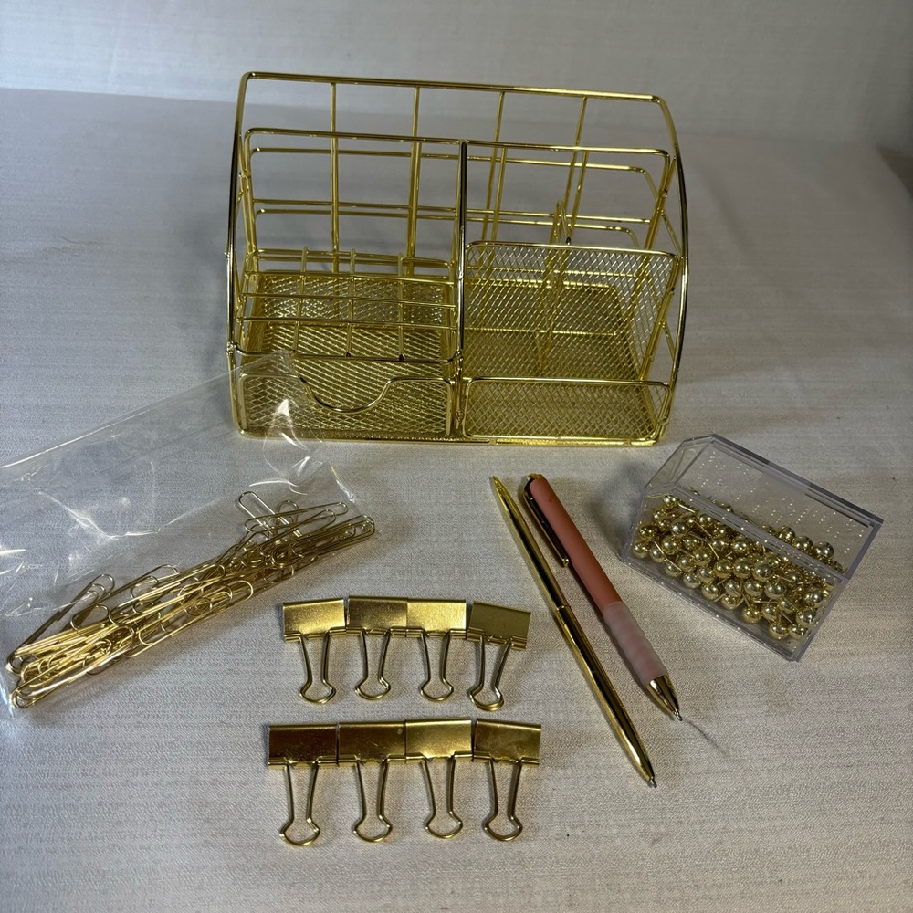 Gold desk caddy wire drawer paper clips binder clips 2 pens push pins (tacks)